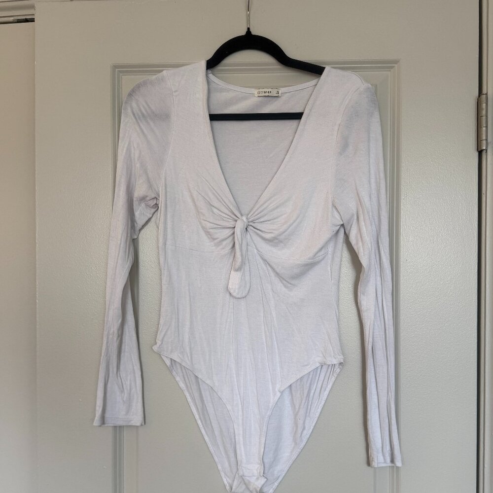 Cotton On White Twist Front V-Neck Long Sleeve Bodysuit L